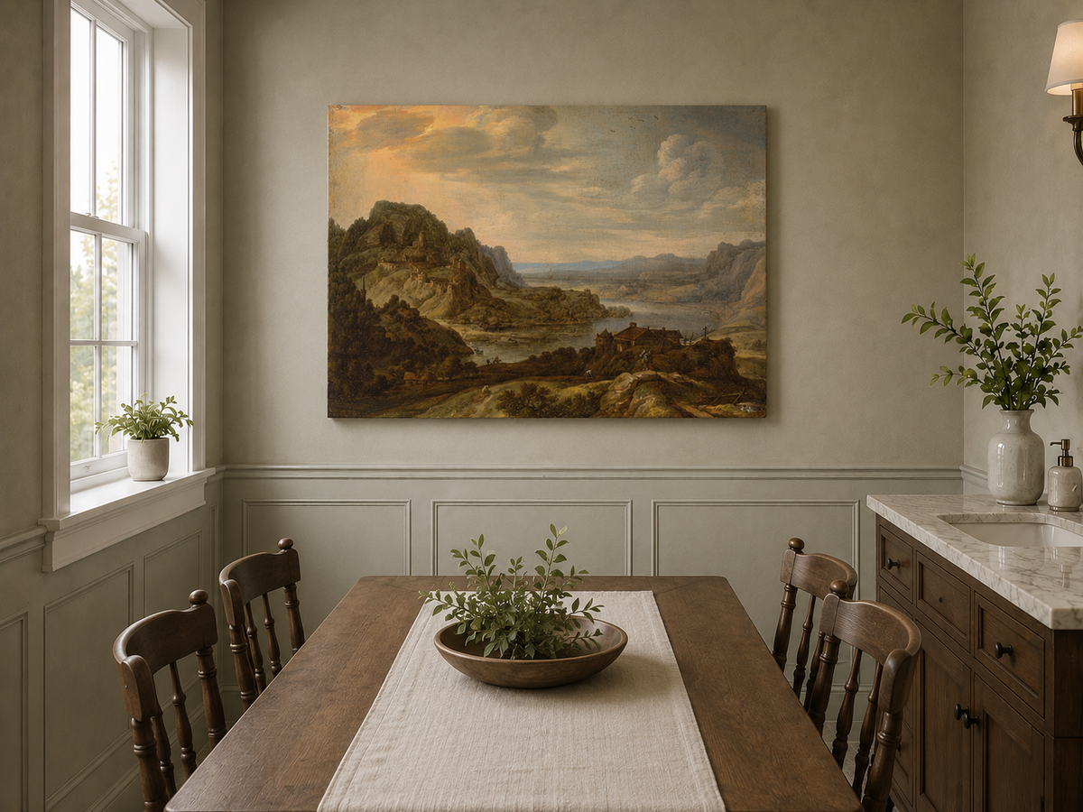Peinture à l'huile de paysage - Village côtier avec phare et coucher de soleil