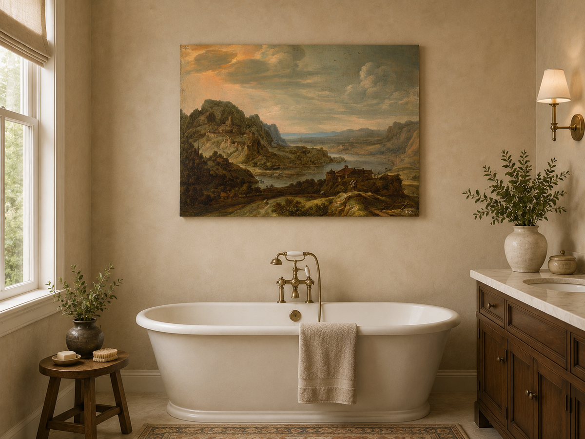 Peinture à l'huile de paysage - Village côtier avec phare et coucher de soleil