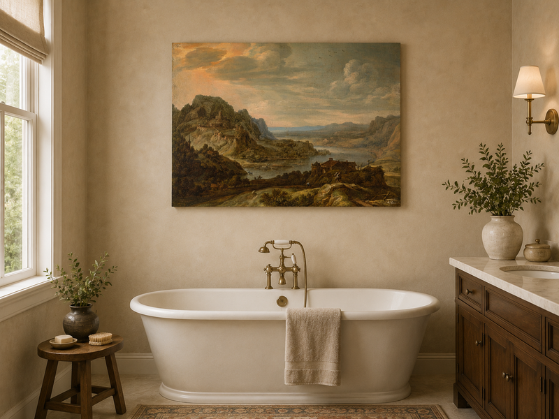 Peinture à l'huile de paysage - Village côtier avec phare et coucher de soleil