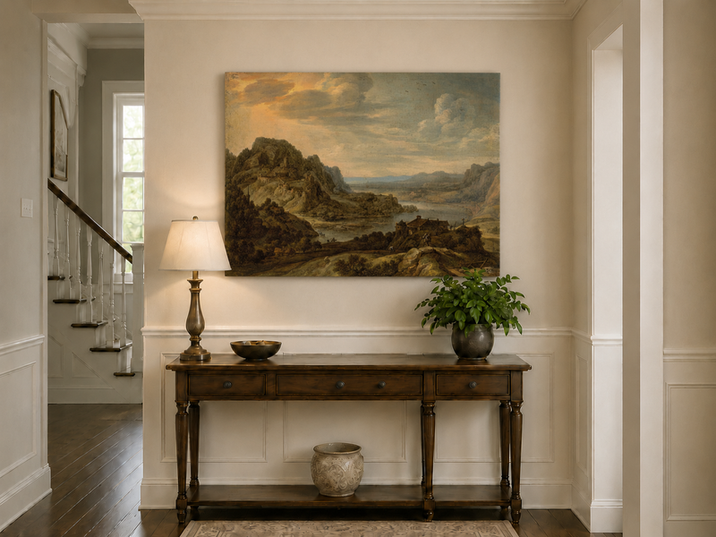 Peinture à l'huile de paysage - Village côtier avec phare et coucher de soleil