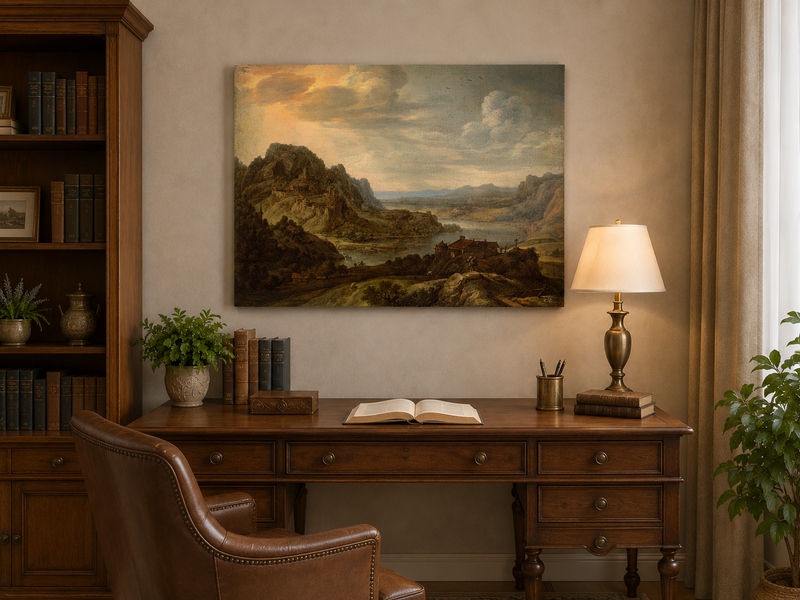 Peinture à l'huile de paysage - Village côtier avec phare et coucher de soleil