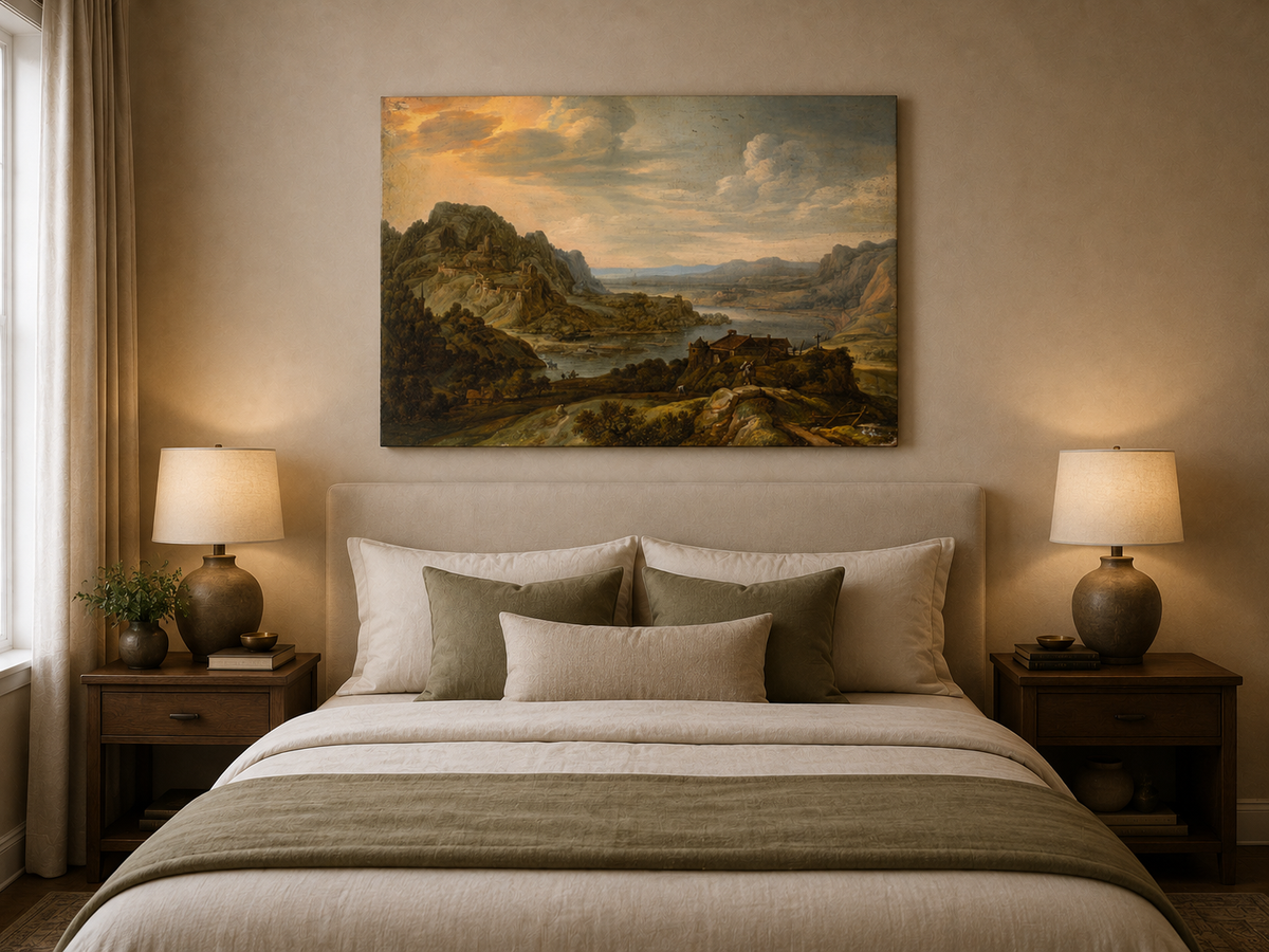 Peinture à l'huile de paysage - Village côtier avec phare et coucher de soleil
