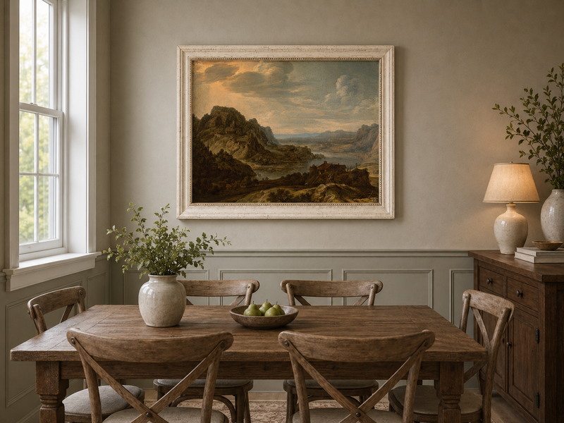 Peinture à l'huile de paysage - Village côtier avec phare et coucher de soleil