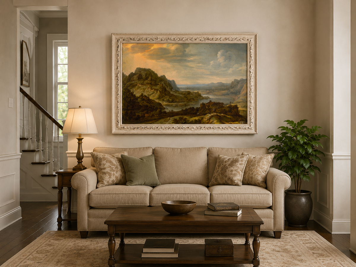 Peinture à l'huile de paysage - Village côtier avec phare et coucher de soleil