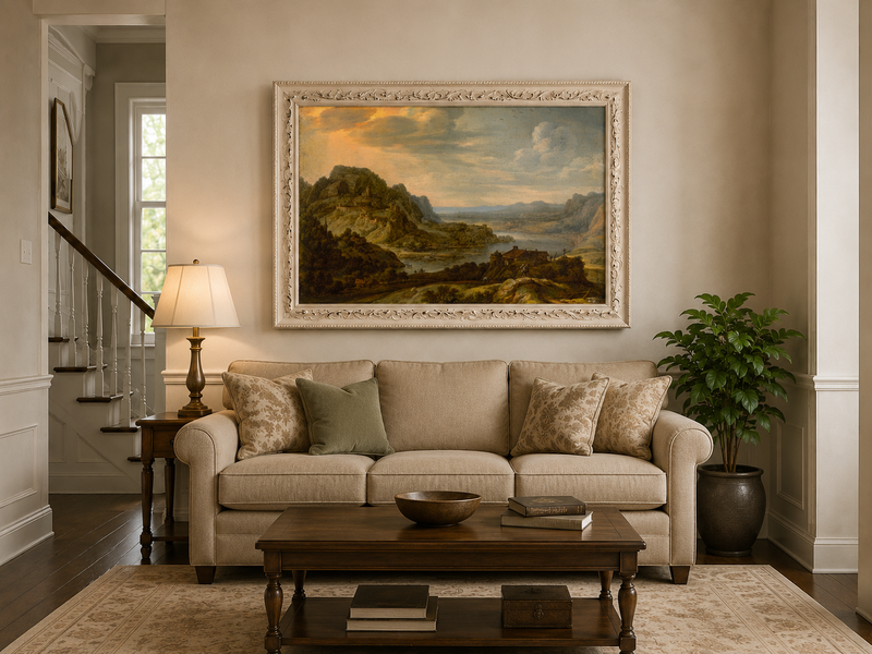 Peinture à l'huile de paysage - Village côtier avec phare et coucher de soleil