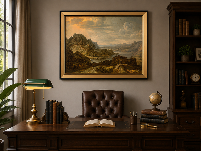 Peinture à l'huile de paysage - Village côtier avec phare et coucher de soleil