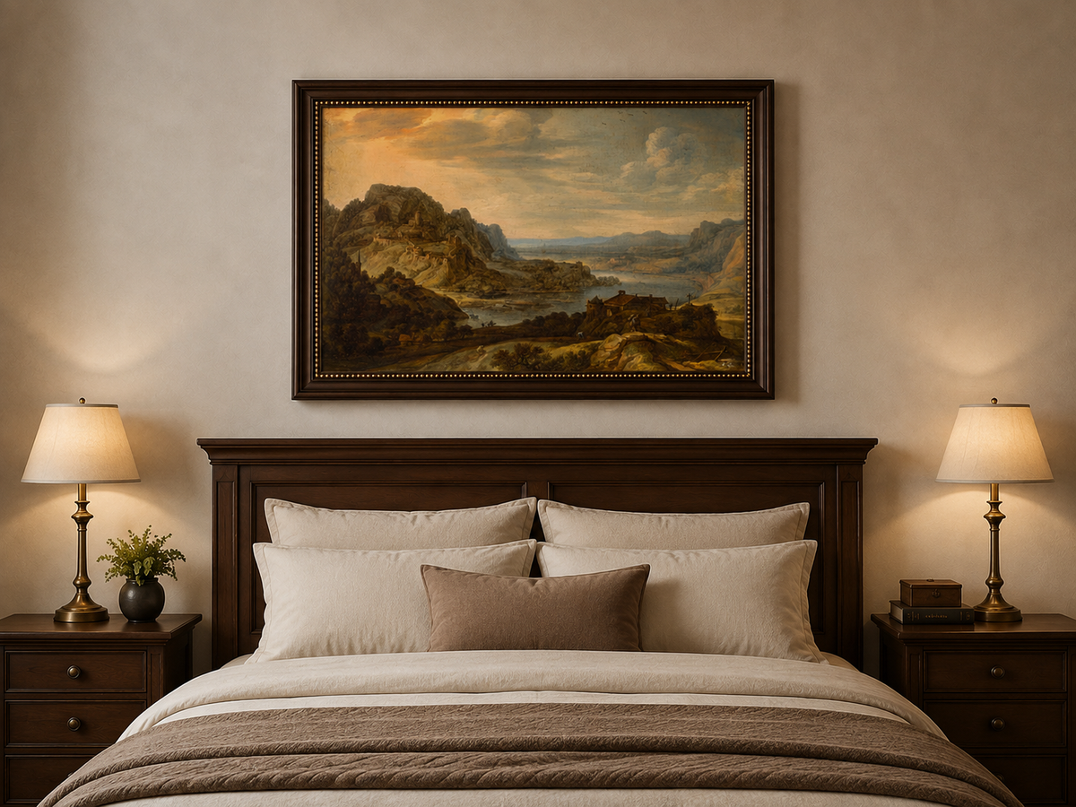 Peinture à l'huile de paysage - Village côtier avec phare et coucher de soleil