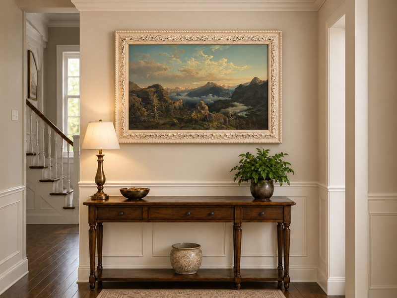 Landscape Oil Painting - Alpine Peaks Above a Cloud-Filled Valley
