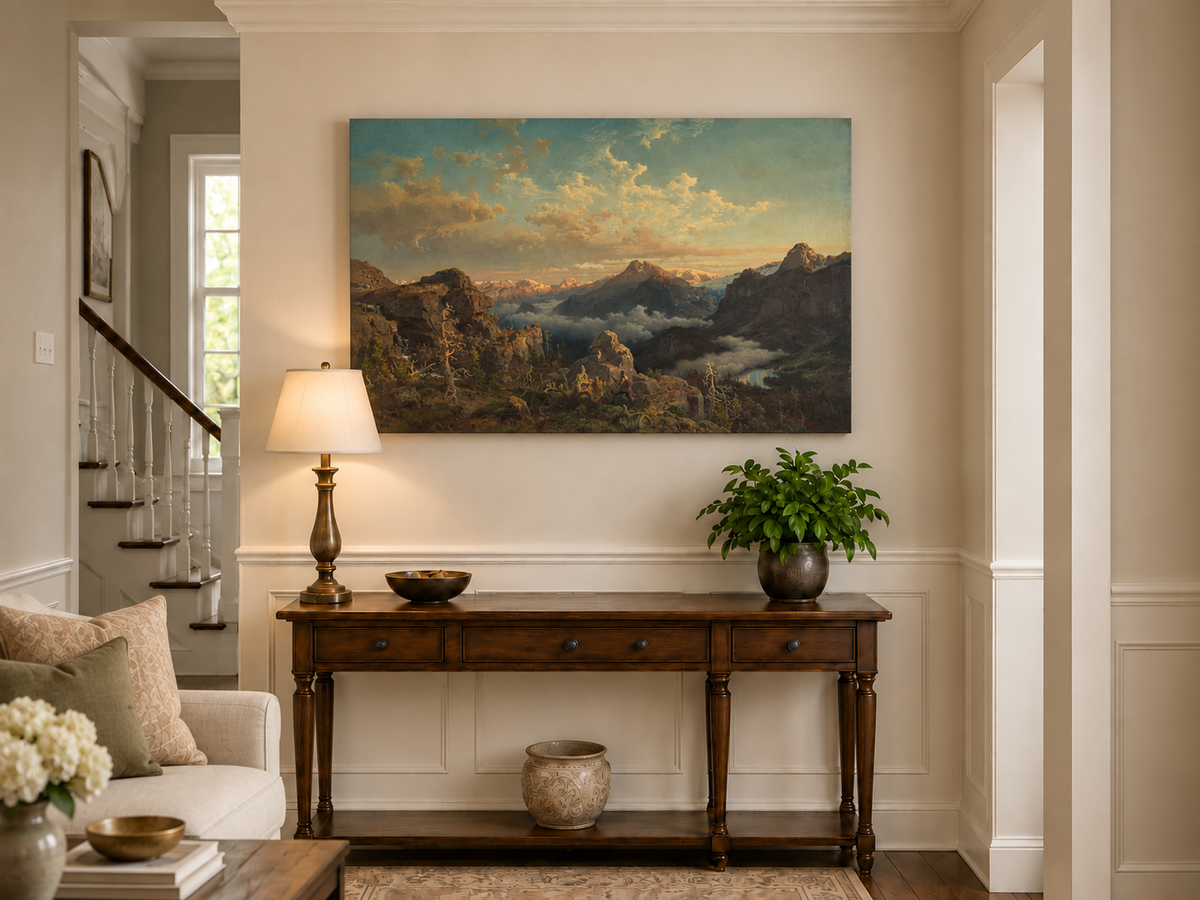 Landscape Oil Painting - Alpine Peaks Above a Cloud-Filled Valley