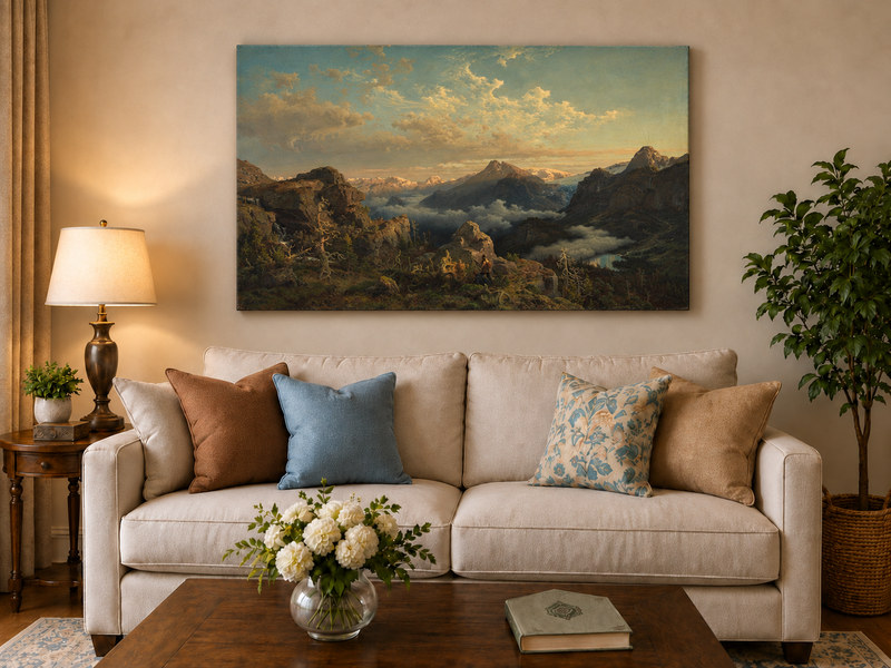 Landscape Oil Painting - Alpine Peaks Above a Cloud-Filled Valley