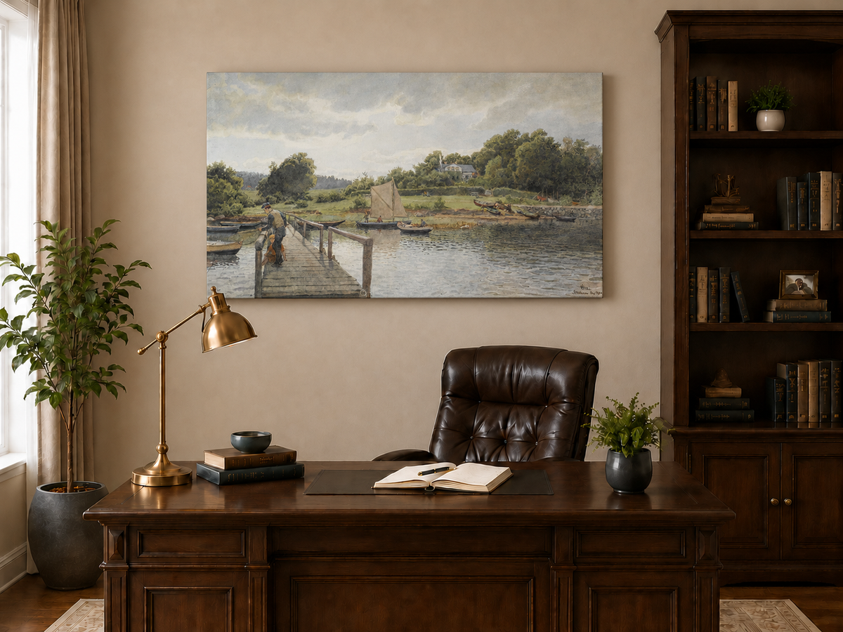 Peinture à l'huile de paysage - Gouffre rocheux spectaculaire avec personnages