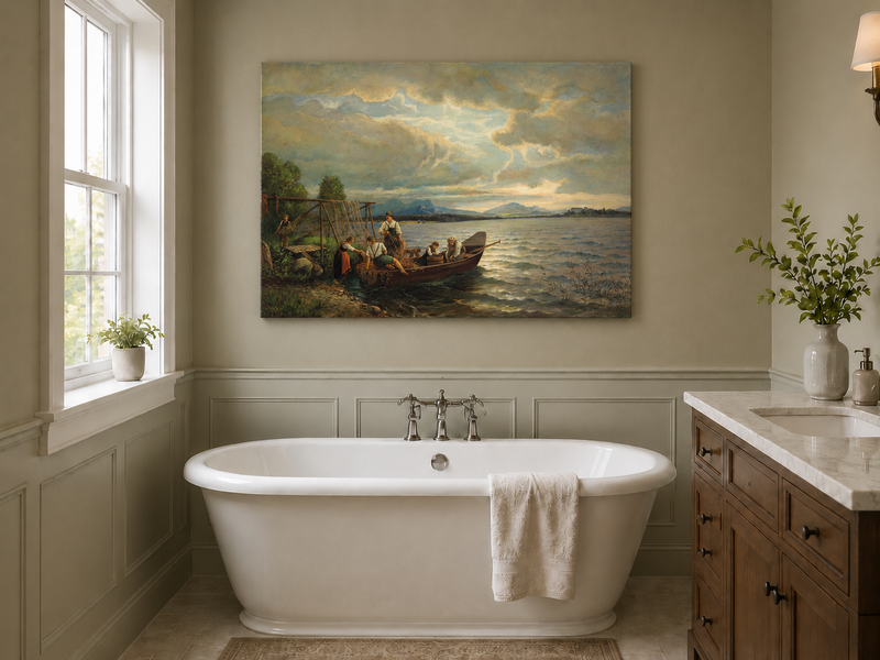 Peinture à l'huile de paysage - Pêcheurs au bord du lac au crépuscule | Peinte à la main