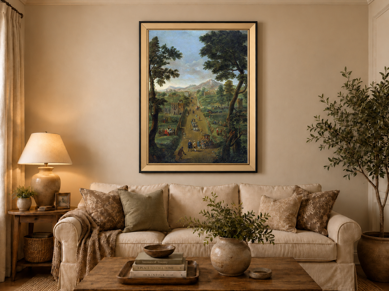 Landscape Oil Painting - Road with Figures, Carriages & Scenery