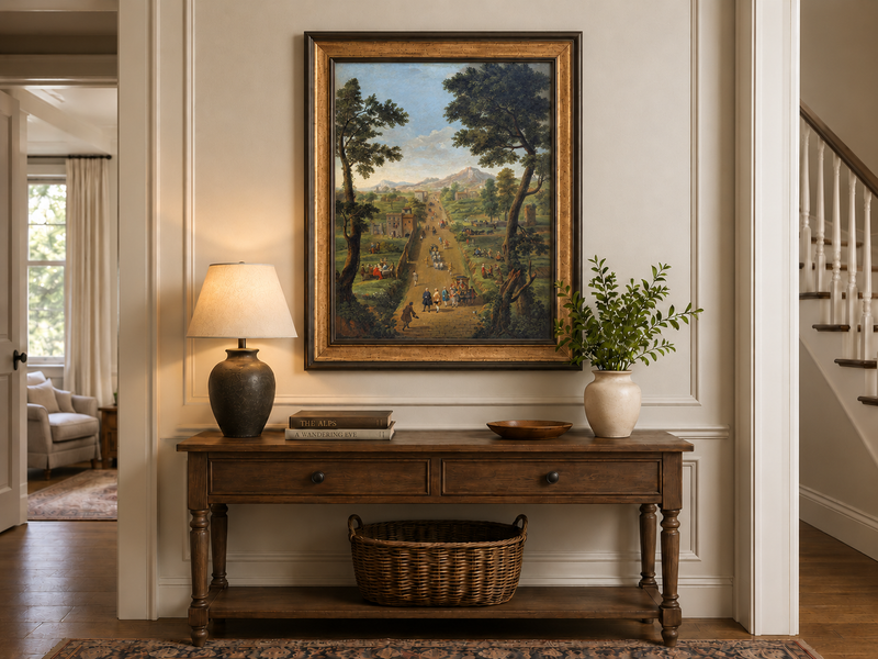 Landscape Oil Painting - Road with Figures, Carriages & Scenery