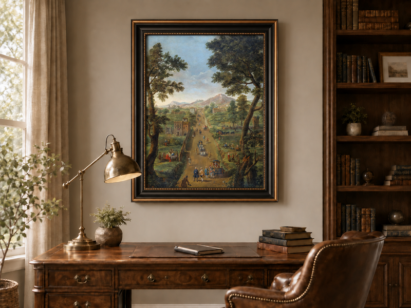 Landscape Oil Painting - Road with Figures, Carriages & Scenery