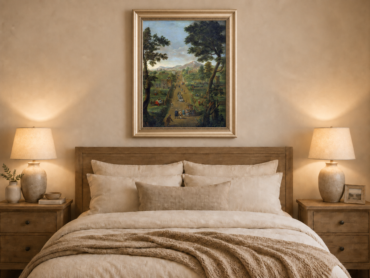 Landscape Oil Painting - Road with Figures, Carriages & Scenery