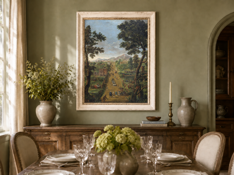 Landscape Oil Painting - Road with Figures, Carriages & Scenery