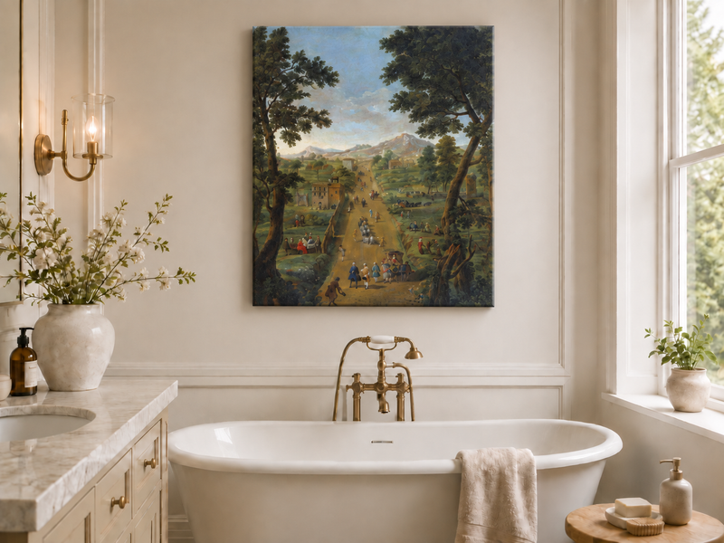 Landscape Oil Painting - Road with Figures, Carriages & Scenery