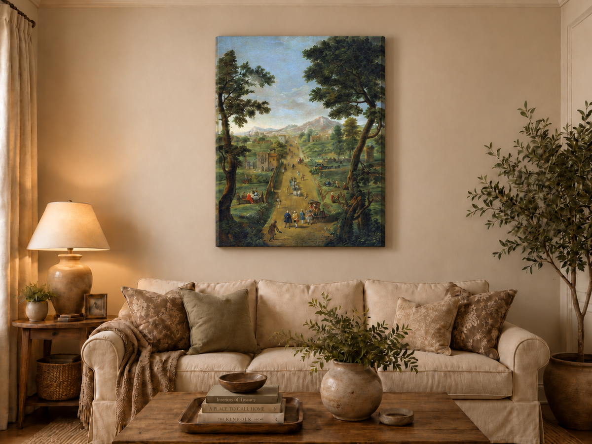 Landscape Oil Painting - Road with Figures, Carriages & Scenery