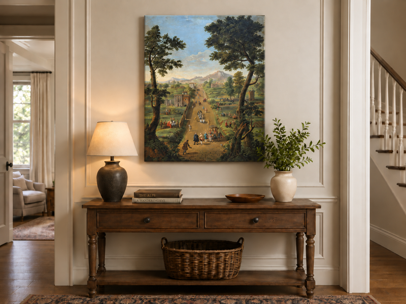 Landscape Oil Painting - Road with Figures, Carriages & Scenery