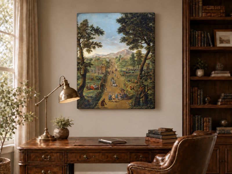 Landscape Oil Painting - Road with Figures, Carriages & Scenery