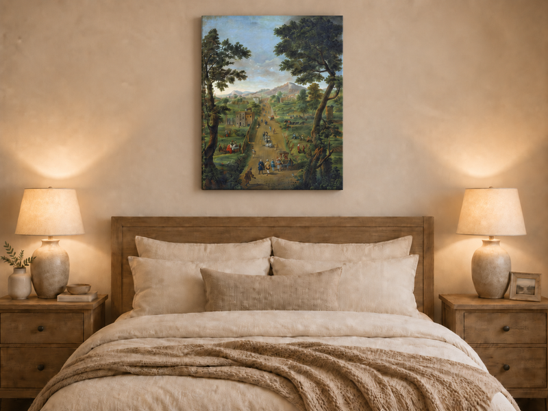 Landscape Oil Painting - Road with Figures, Carriages & Scenery