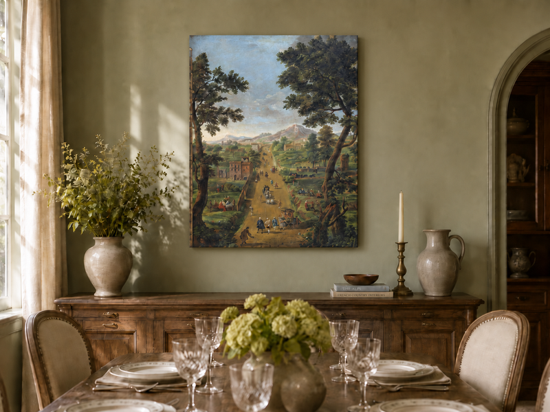 Landscape Oil Painting - Road with Figures, Carriages & Scenery