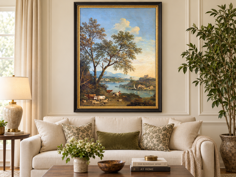 Peinture à l'huile de paysage - Rivière printanière avec pêcheur et arbres