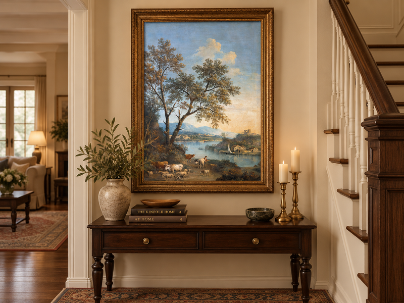 Peinture à l'huile de paysage - Rivière printanière avec pêcheur et arbres