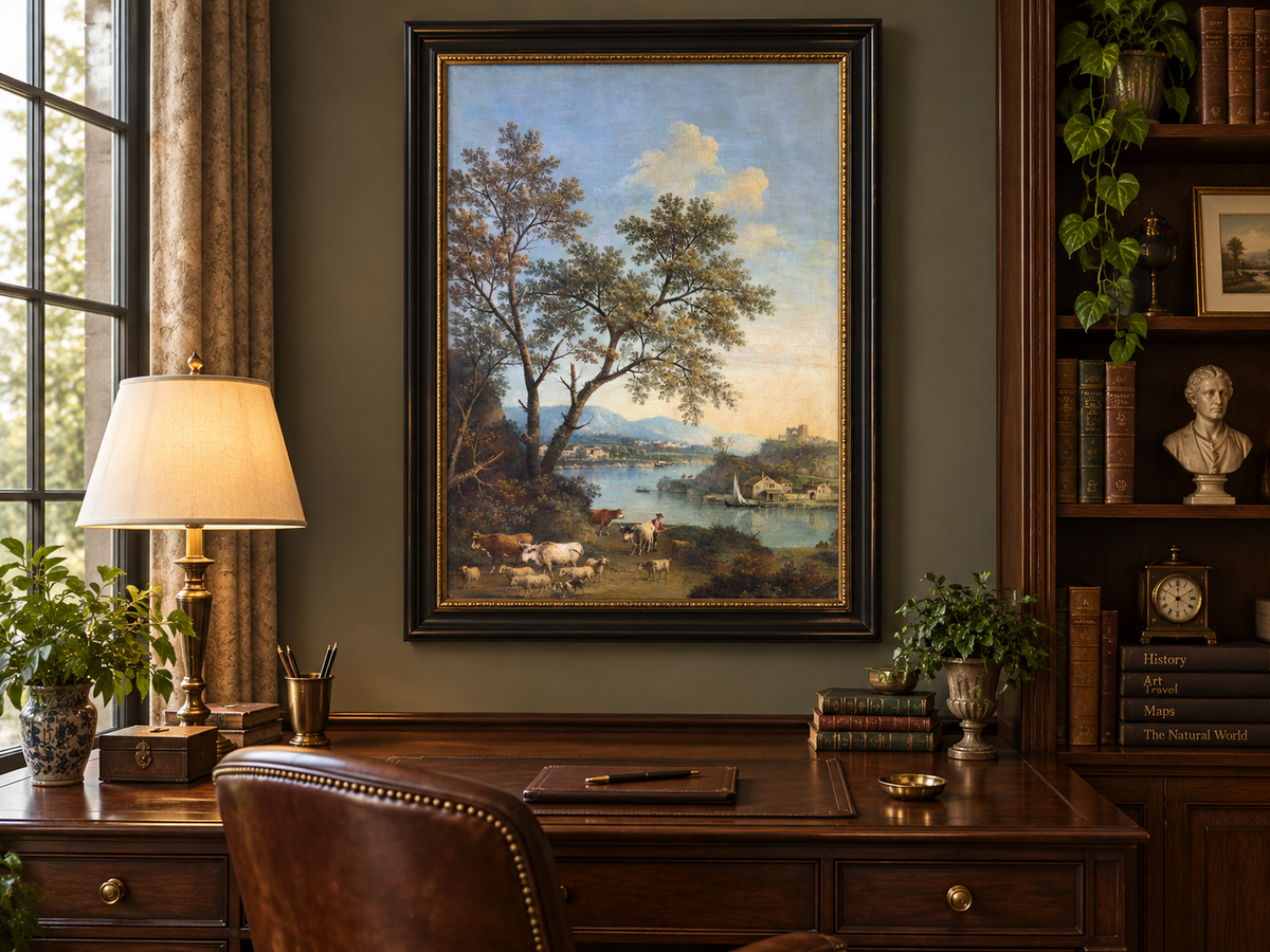 Peinture à l'huile de paysage - Rivière printanière avec pêcheur et arbres