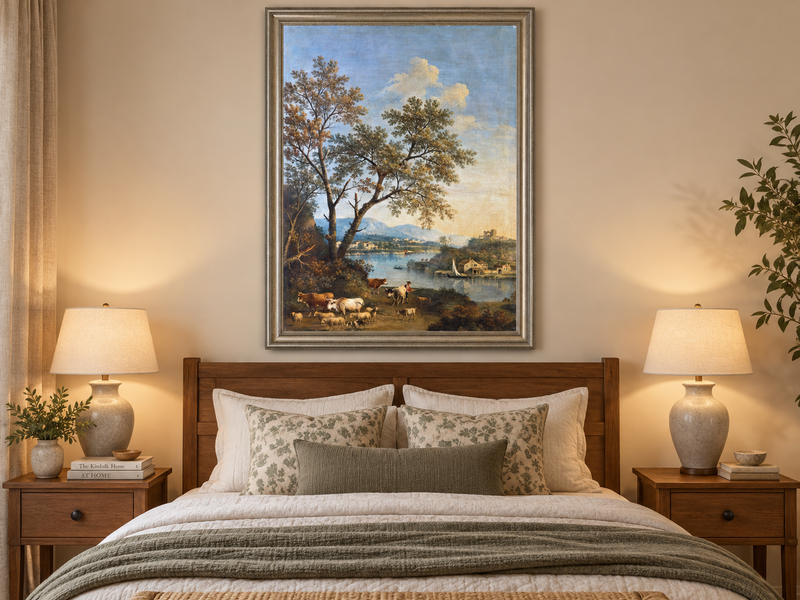 Peinture à l'huile de paysage - Rivière printanière avec pêcheur et arbres