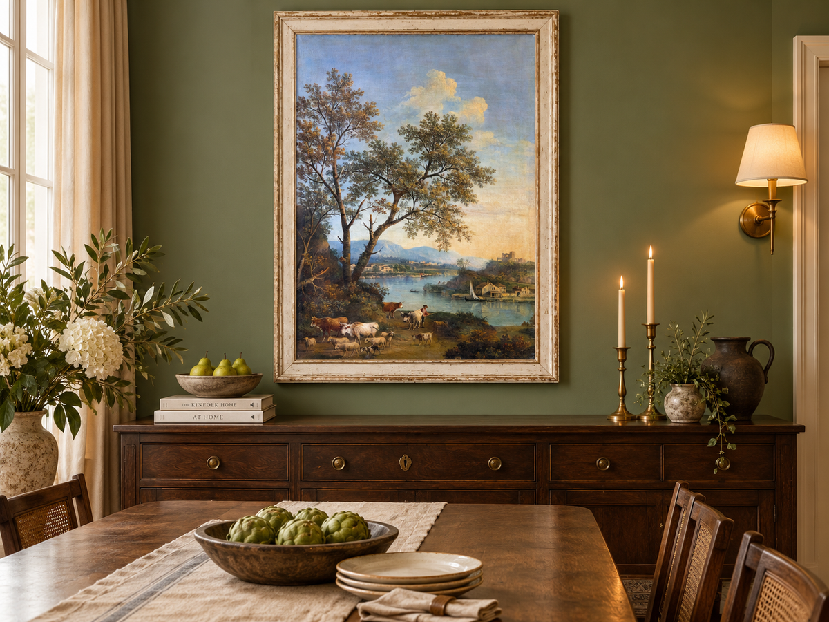 Peinture à l'huile de paysage - Rivière printanière avec pêcheur et arbres