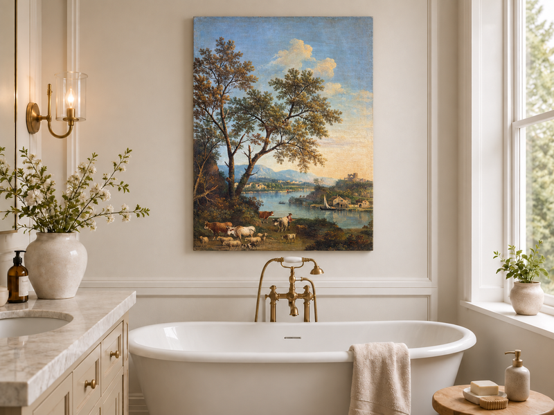 Peinture à l'huile de paysage - Rivière printanière avec pêcheur et arbres