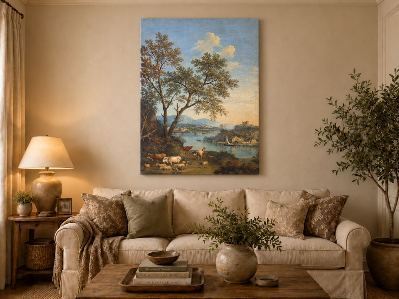 Peinture à l'huile de paysage - Rivière printanière avec pêcheur et arbres
