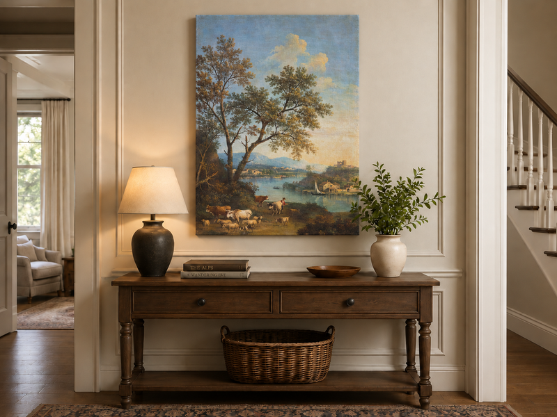 Peinture à l'huile de paysage - Rivière printanière avec pêcheur et arbres