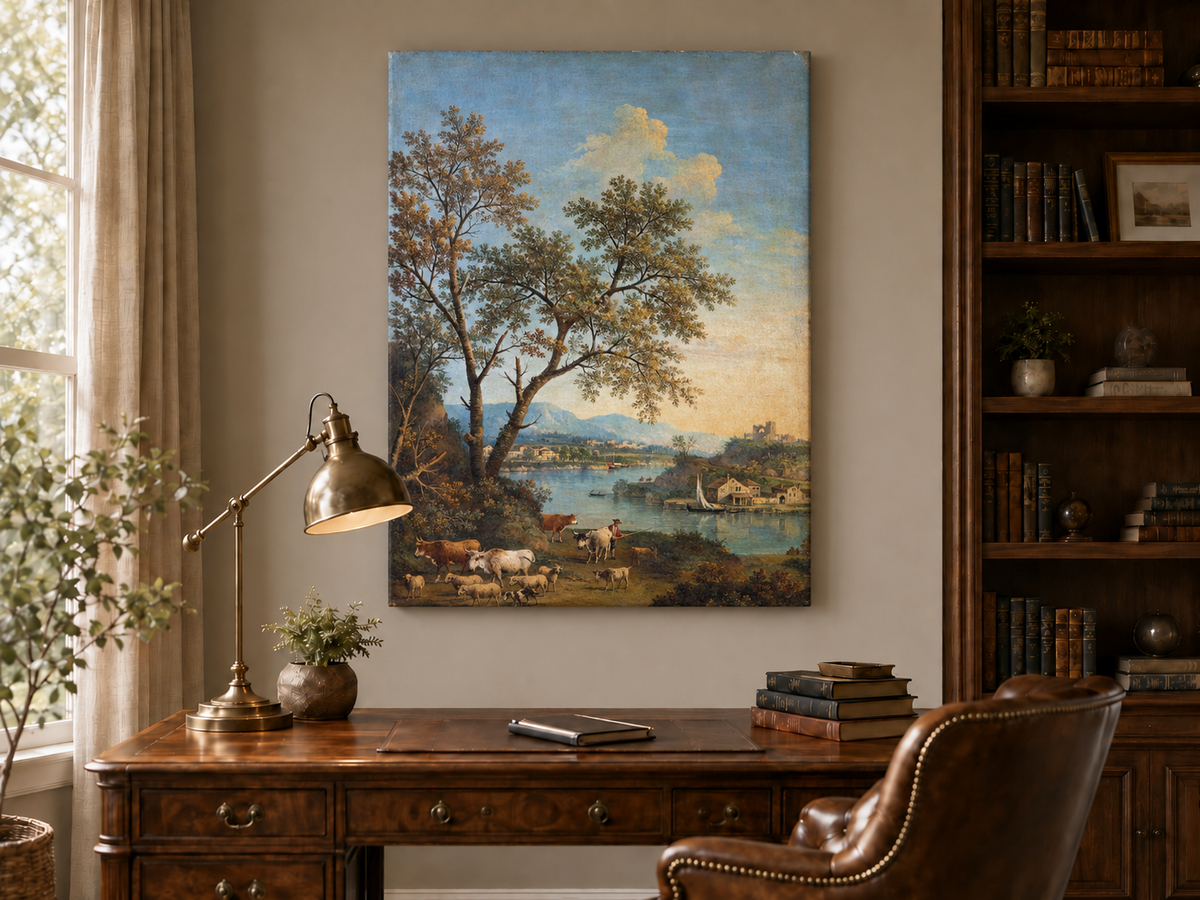 Peinture à l'huile de paysage - Rivière printanière avec pêcheur et arbres