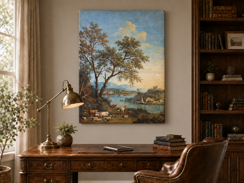 Peinture à l'huile de paysage - Rivière printanière avec pêcheur et arbres