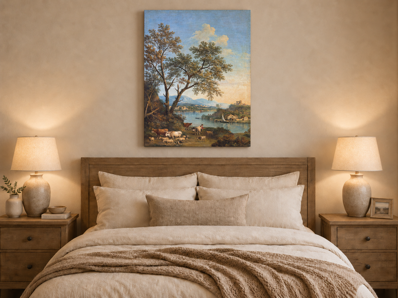Peinture à l'huile de paysage - Rivière printanière avec pêcheur et arbres