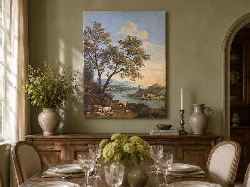 Peinture à l'huile de paysage - Rivière printanière avec pêcheur et arbres