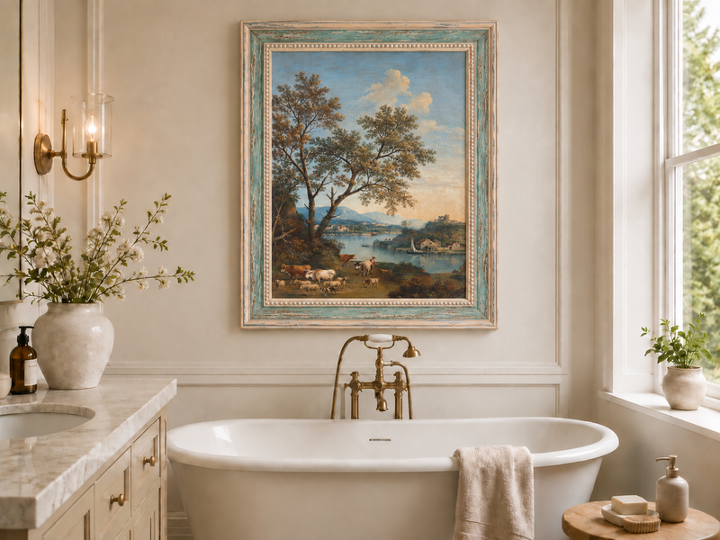 Peinture à l'huile de paysage - Rivière printanière avec pêcheur et arbres