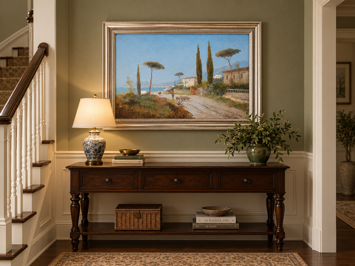 Peinture à l'huile de paysage - Route de village méditerranéen
