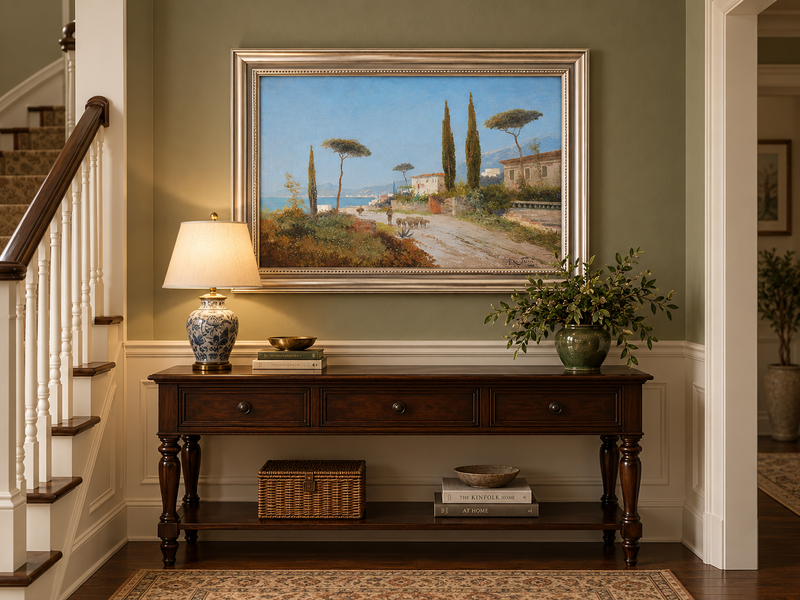Peinture à l'huile de paysage - Route de village méditerranéen