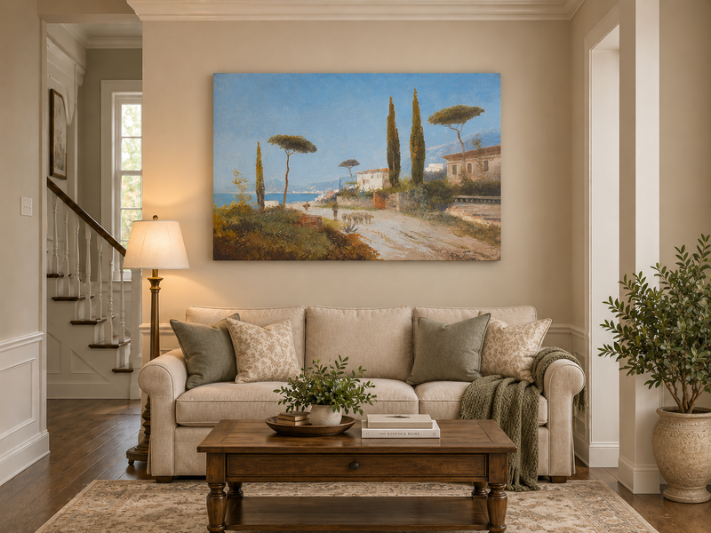 Peinture à l'huile de paysage - Route de village méditerranéen