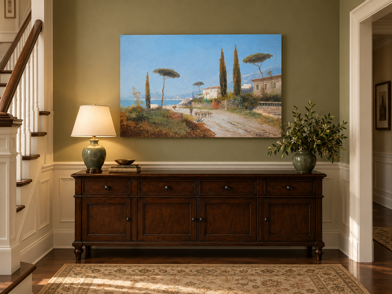 Peinture à l'huile de paysage - Route de village méditerranéen
