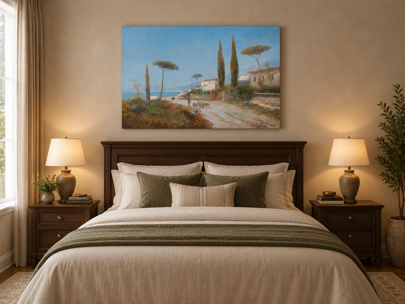 Peinture à l'huile de paysage - Route de village méditerranéen