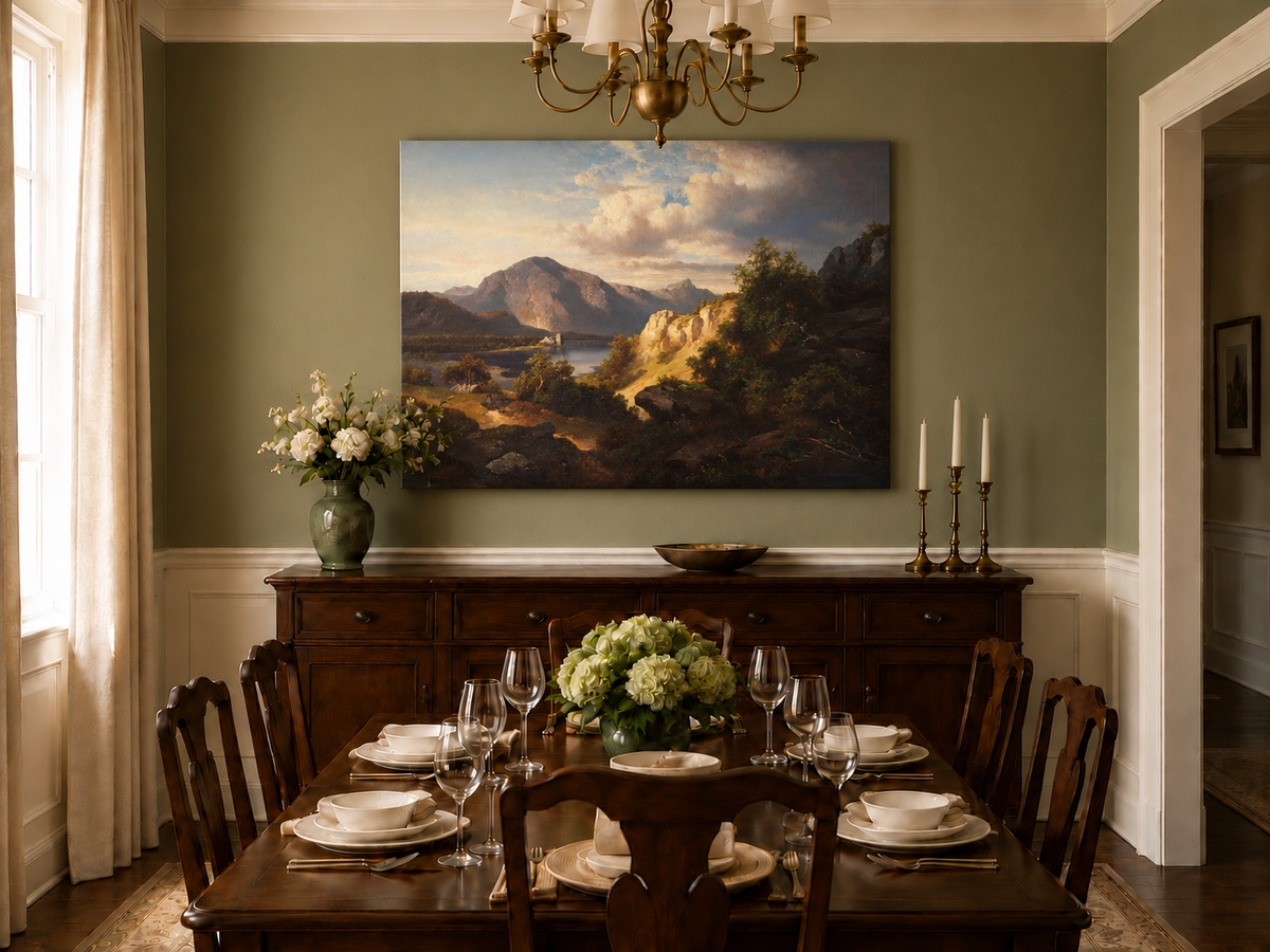 Peinture à l'huile de paysage - Lac, Montagne, Ruine de château et Ensoleillé