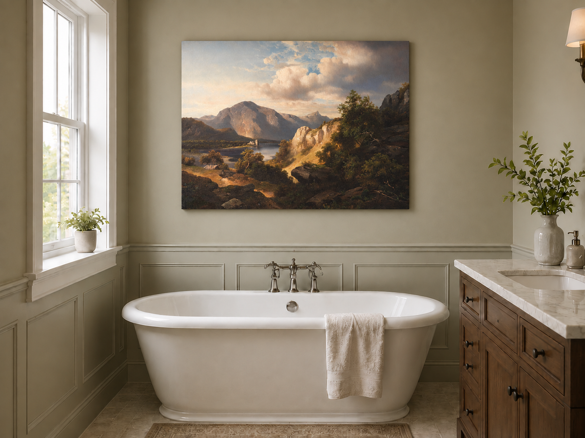 Peinture à l'huile de paysage - Lac, Montagne, Ruine de château et Ensoleillé