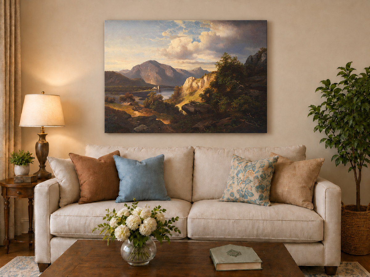 Peinture à l'huile de paysage - Lac, Montagne, Ruine de château et Ensoleillé