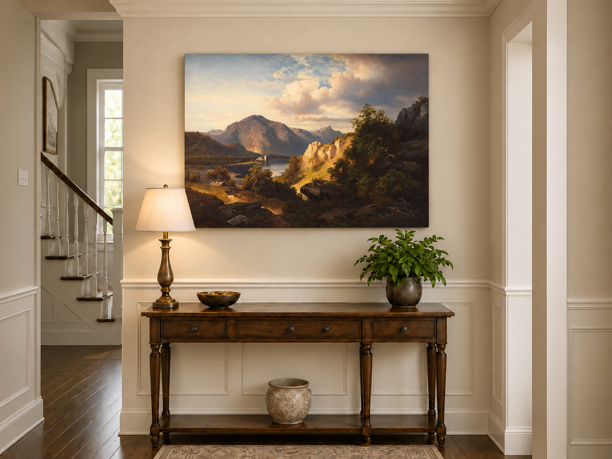 Peinture à l'huile de paysage - Lac, Montagne, Ruine de château et Ensoleillé