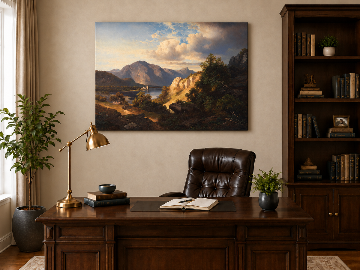 Peinture à l'huile de paysage - Lac, Montagne, Ruine de château et Ensoleillé